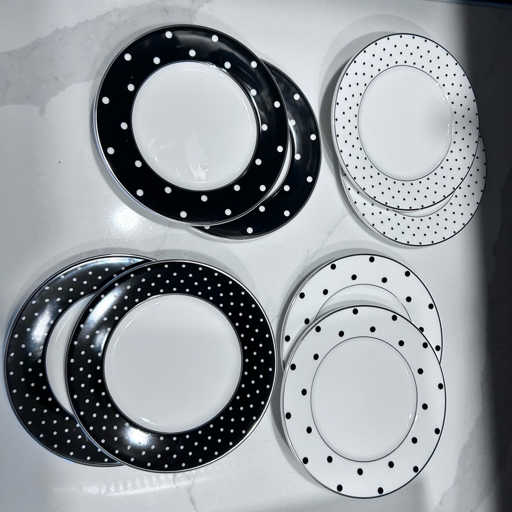 SET/8 Kate Spade Larabee Black Dot Tidbit Appetizer Dessert Plate Lenox China